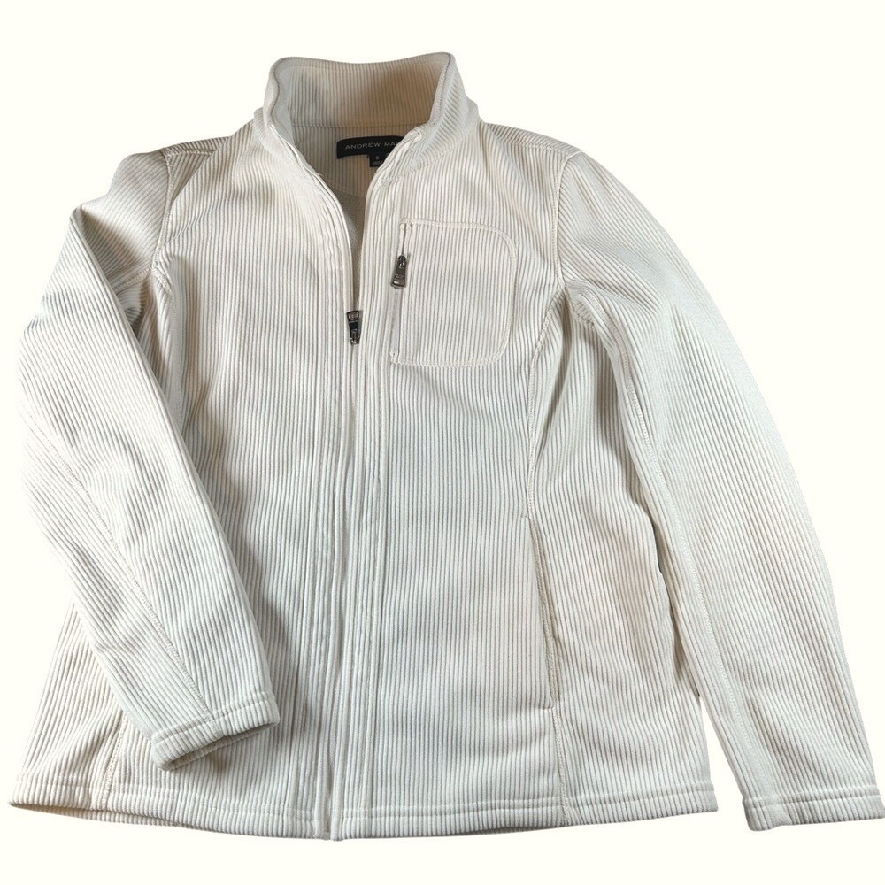 Andrew Marc Cream Ribbed Jacket Women's Small Full Zip Quiet Luxury Minimalist